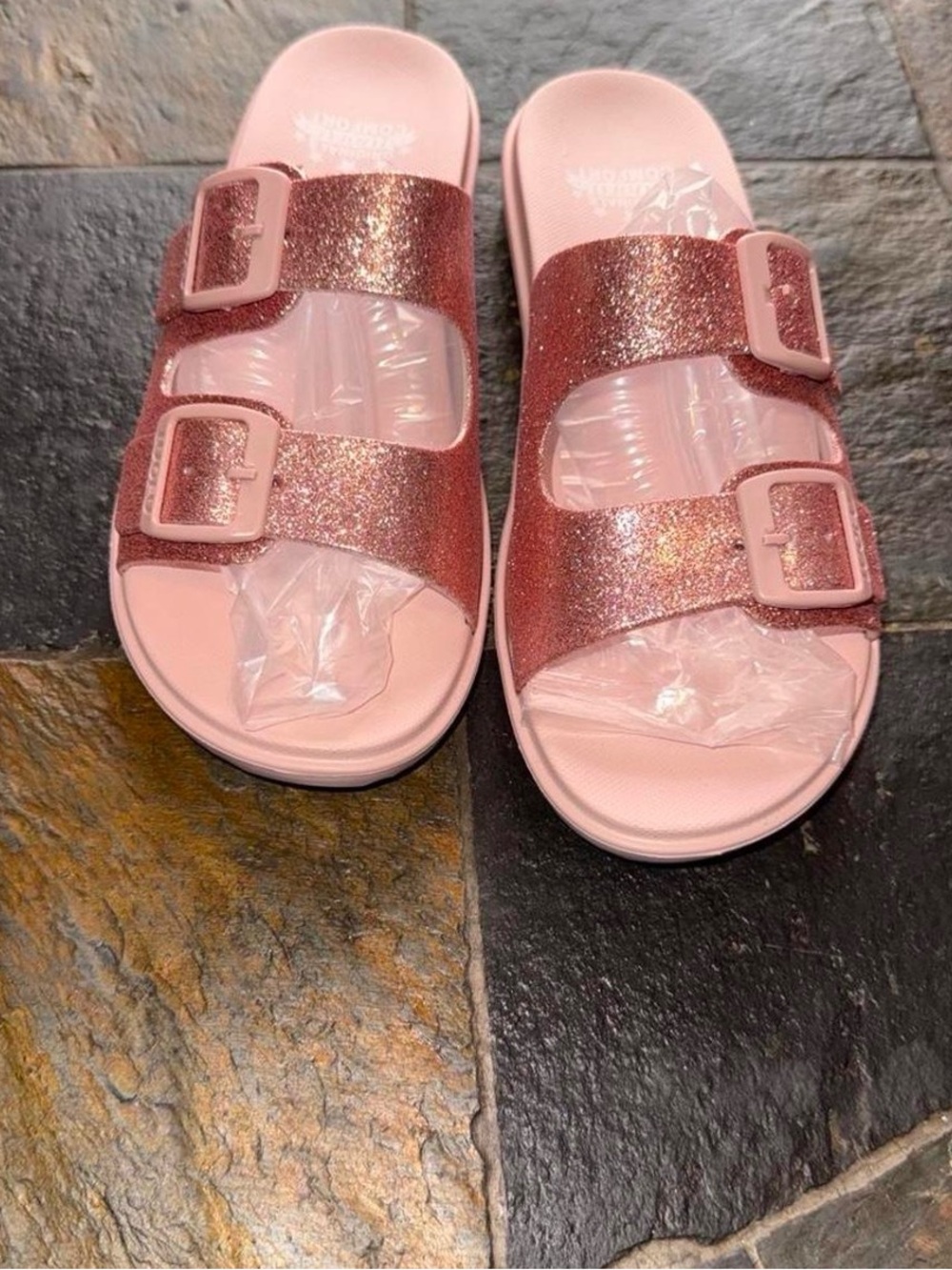 Women's Glitter Double-Buckle Slide Sandals in Pink